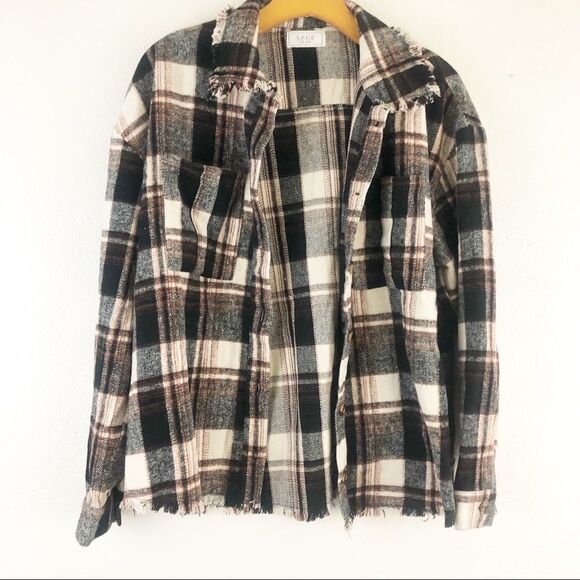 Sage plaid Flannel Brown distressed hem button down Sample Jacket size Small - Picture 1 of 6